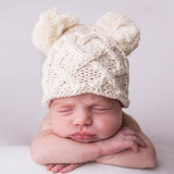 039 ($30) Newborn Baby Aran Natural Double Pom Pom Beanie