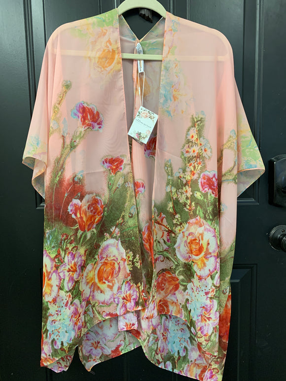 001 ($56) Chiffon - Pink with Green Red Pink Blue Yellow Flowers