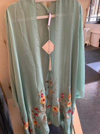 001 ($66) Cotton Kimono - Green with Yellow & Pink Floral